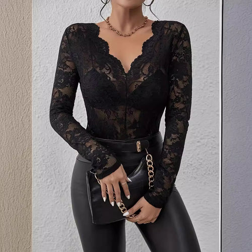 Damen Elegante Spitzenbluse mit V-Ausschnitt und langen Ärmeln Echo Archiv