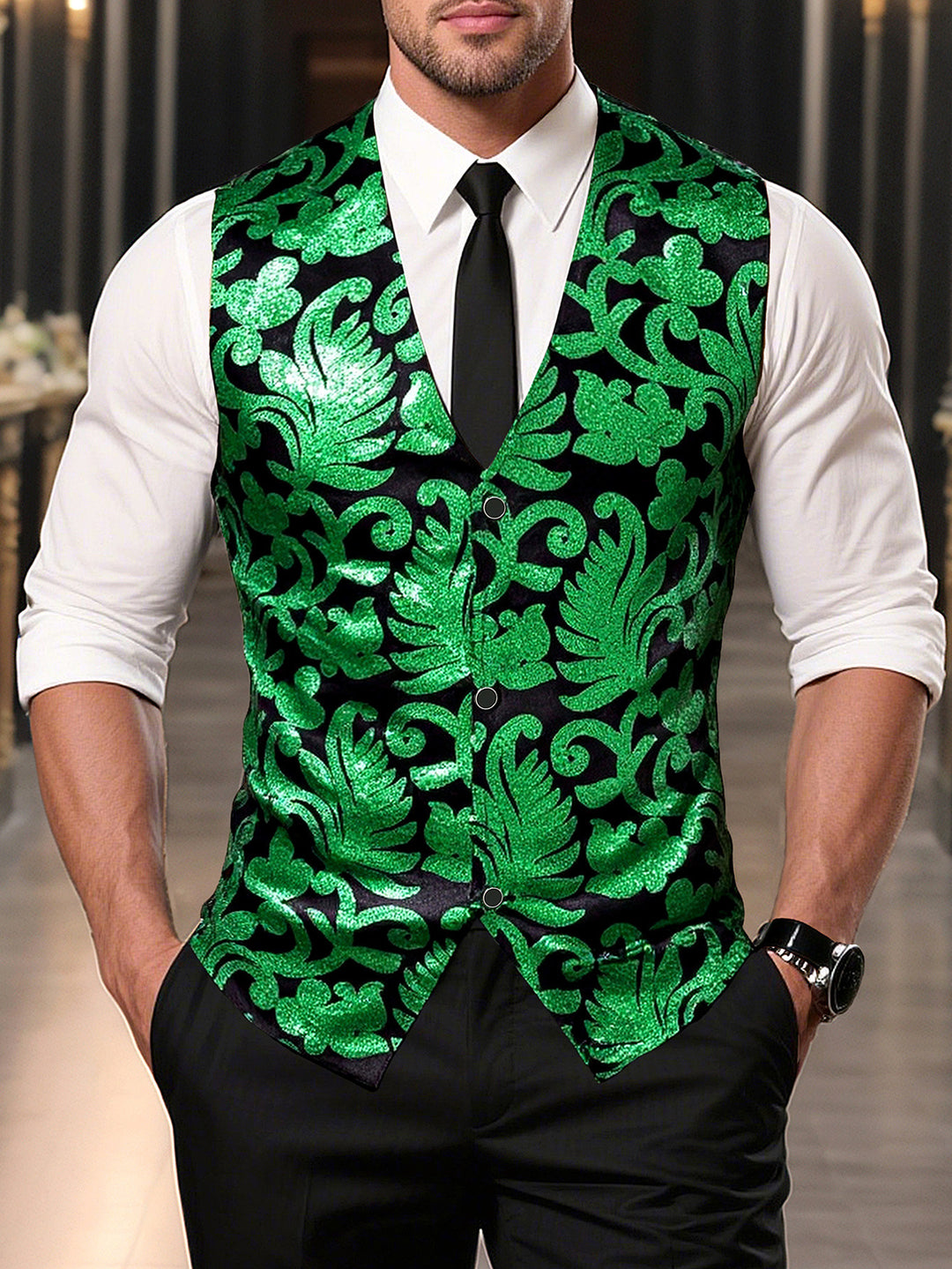 Herren elegante Pailletten-Weste mit floralem Design Echoarchiv