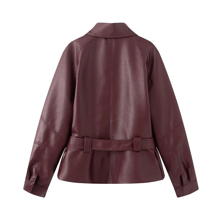 Damen nan taillierte Kunstlederjacke mit Hemdkragen und Bindegürtel Echo Archiv