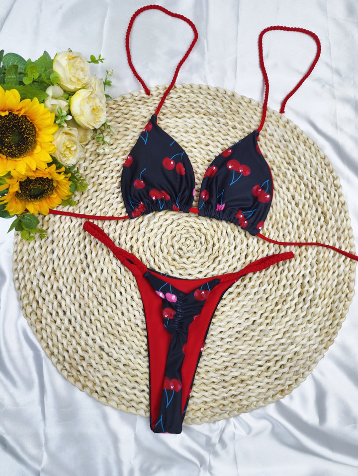 Damen Triangel-Bikini-Set mit fröhlichem Kirschmuster und verstellbaren Trägern Echo Archiv