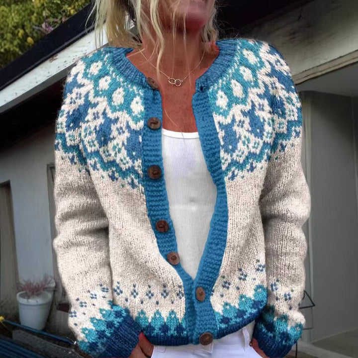 Damen nan gemusterte Strickjacke mit Rundpasse, Holzknöpfen und Eingrifftaschen Echo Archiv