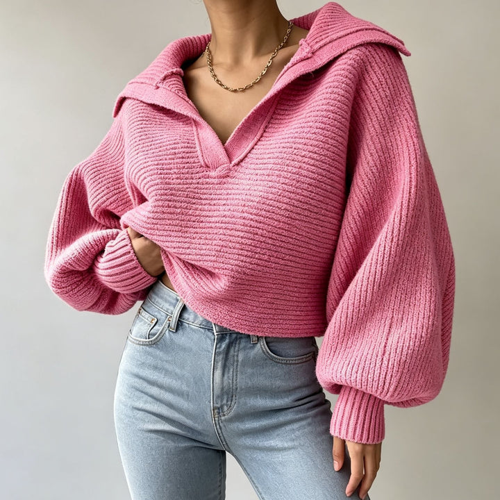 Damen Oversize-Strickpullover mit Matrosenkragen und tiefem V-Ausschnitt – Mavelle