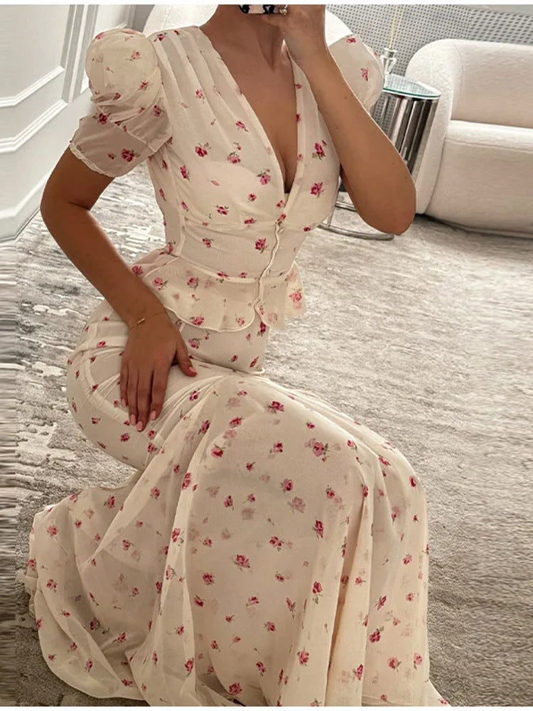 Damen Florales Satin-Midikleid mit tiefem V-Ausschnitt, Puffärmeln und taillierter Raffung Echoarchiv