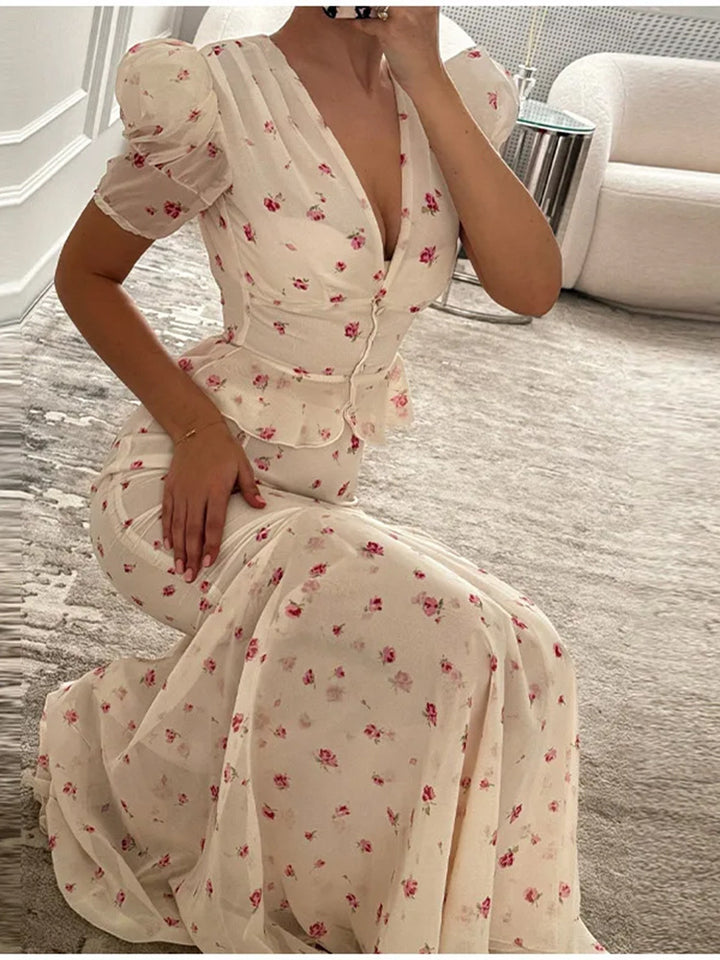 Damen Florales Satin-Midikleid mit tiefem V-Ausschnitt, Puffärmeln und taillierter Raffung Echoarchiv