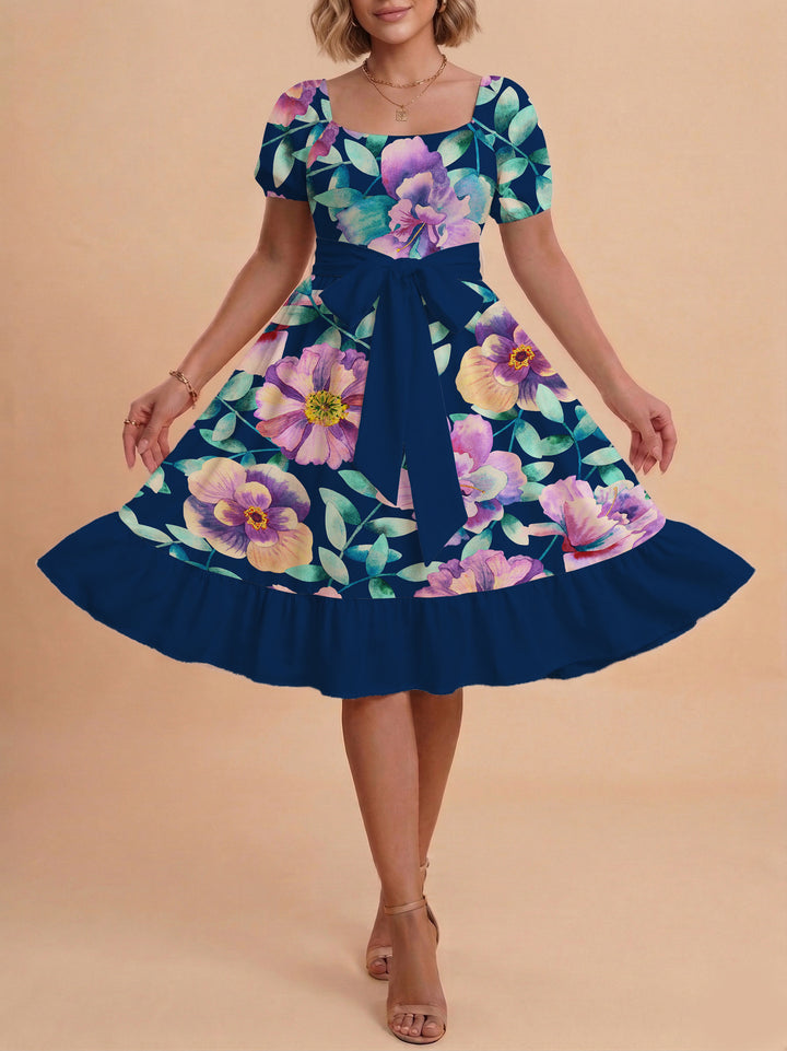 Damen Blumenkleid mit taillierbarem Gürtel und voluminösen Ärmeln Echo Archiv
