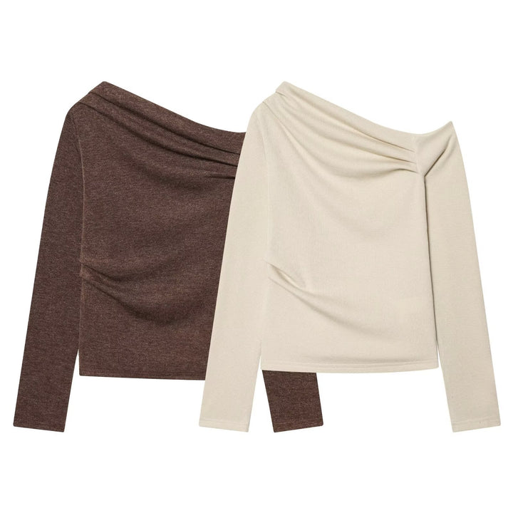 Damen Schulterfreier Feinstrick-Longsleeve mit drapiertem Wasserfallkragen Echo Archiv