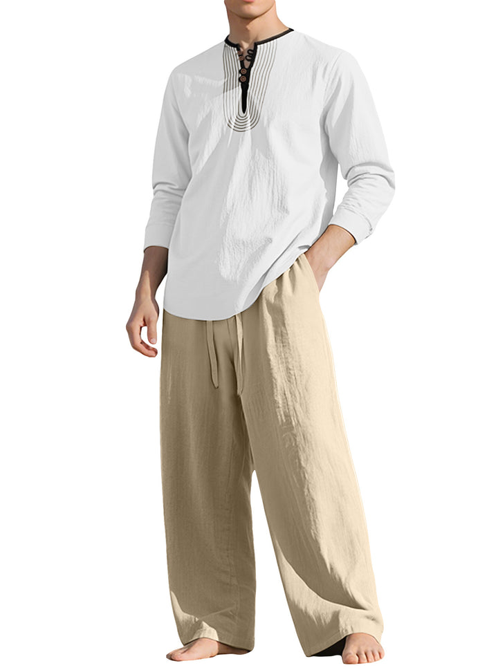 Herren nan Tunika- und Palazzohose-Set mit Henley-Blende, Zierstickerei und weitem Schnitt Echo Archiv