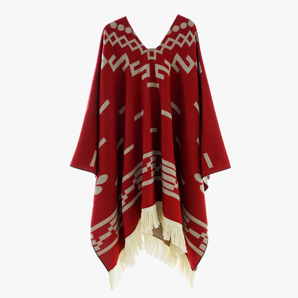 Damen Oversize Poncho im Boho‑Stil mit V‑Ausschnitt, Jacquard‑Muster und langen Fransen – Avérine