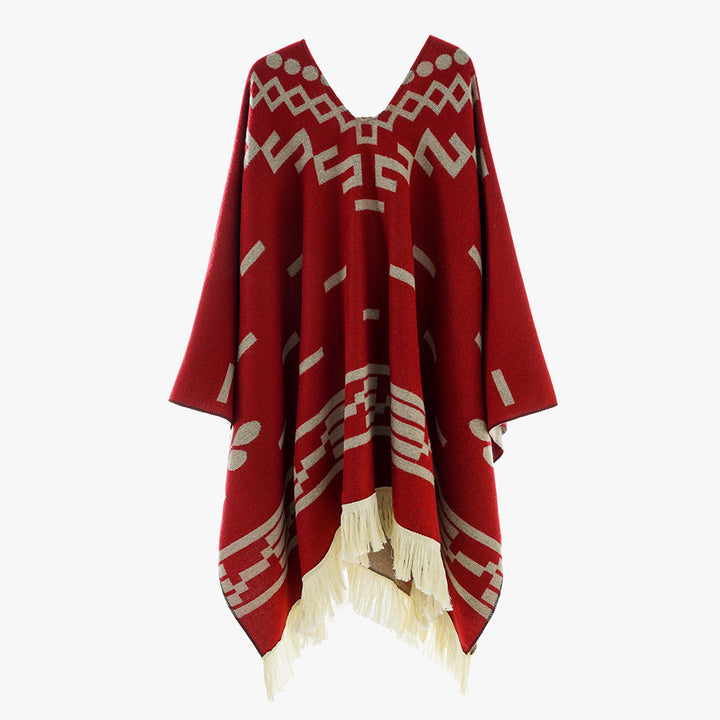 Damen Oversize Poncho im Boho‑Stil mit V‑Ausschnitt, Jacquard‑Muster und langen Fransen – Avérine