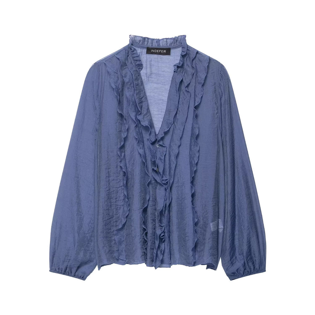 Damen Transparente Crinkle-Bluse mit Volantkragen, Rüschenfront und Ballonärmeln Echo Archiv