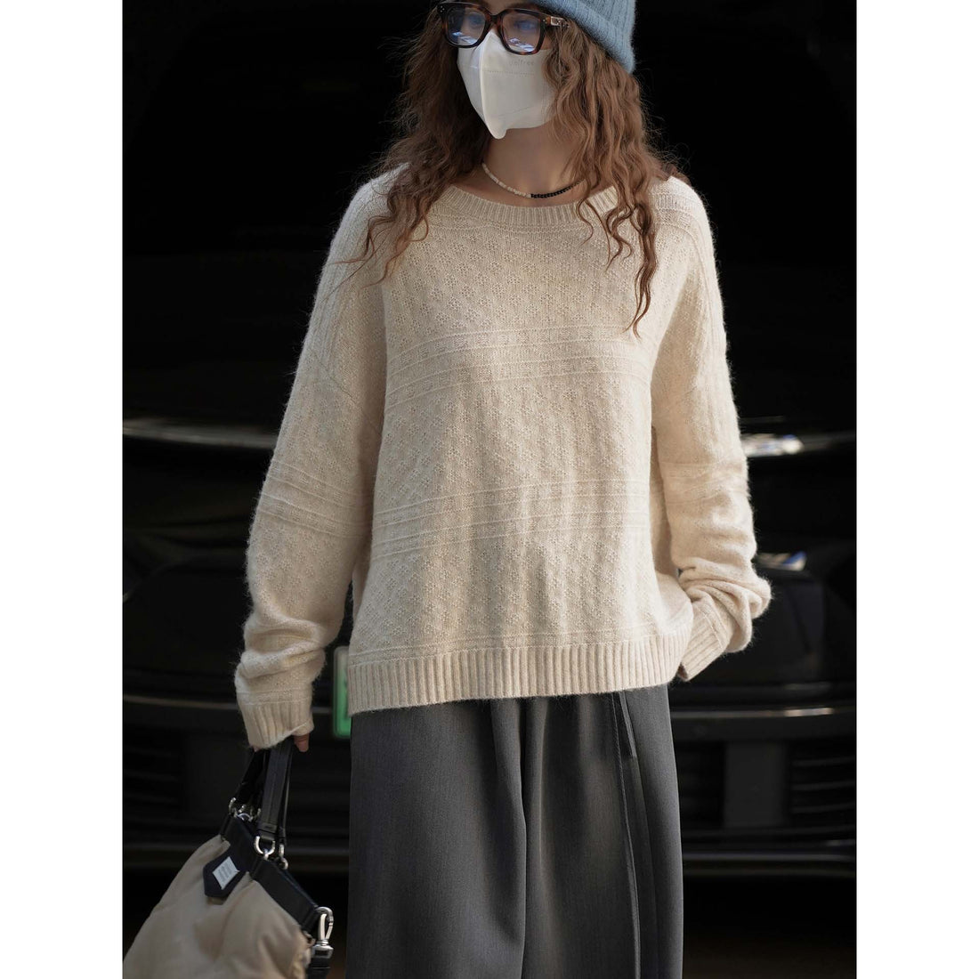 Damen Weicher Mohair-Optik Oversize-Pullover mit U-Boot-Ausschnitt Echoarchiv