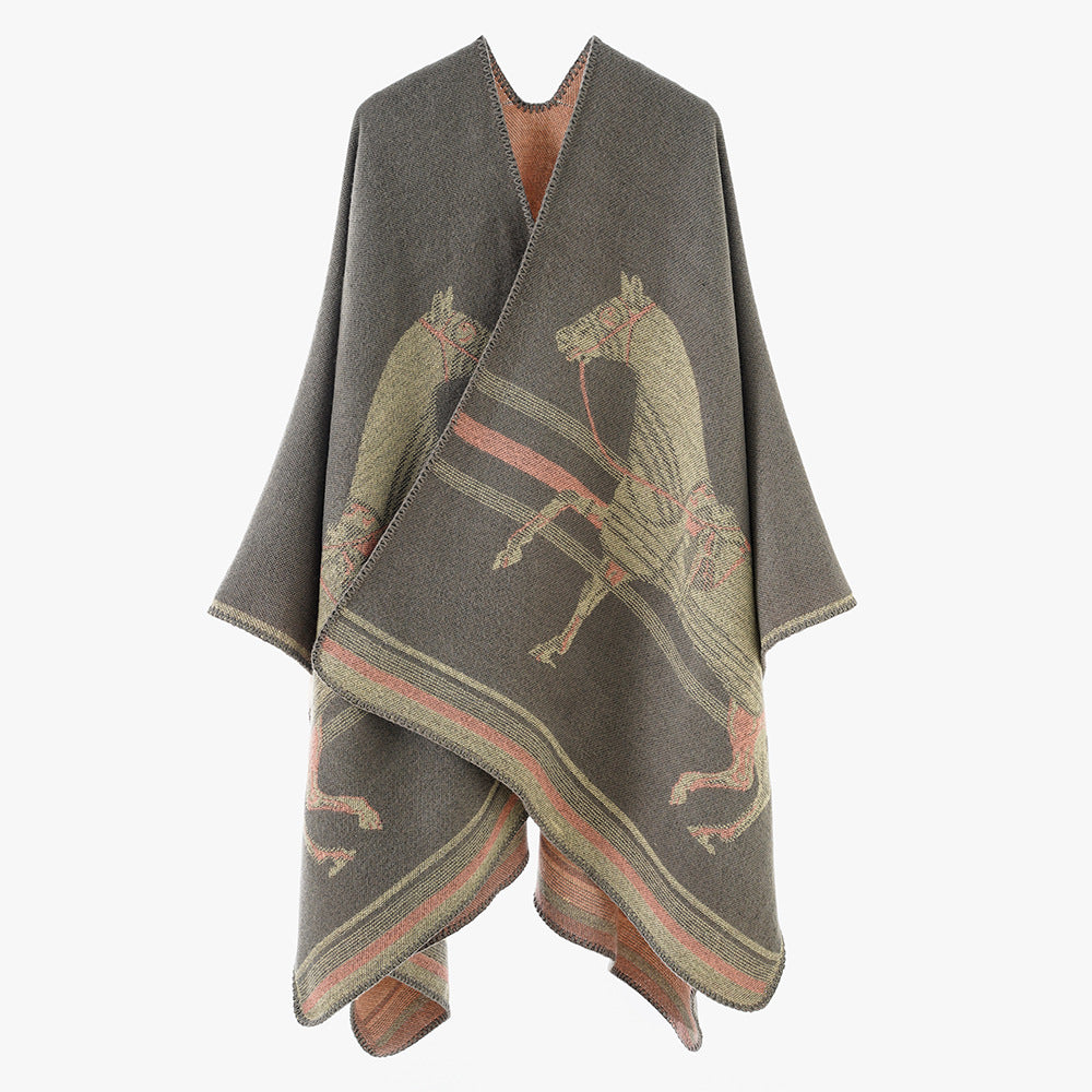 Damen Poncho-Cape aus Wollmix mit gewebtem Pferde-Jacquard und kontrastkettelung – Avérine