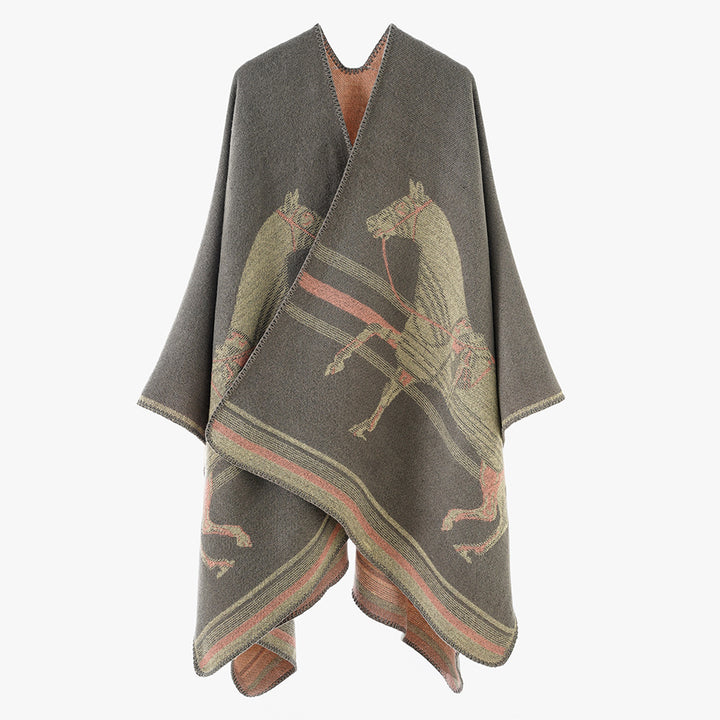 Damen Jacquard‑Poncho mit Pferdemotiv und weichem Wollmix Echo Archiv