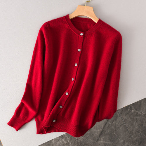 Damen Leichter Rundhals-Knopfcardigan in Kaschmiroptik mit feiner Rippkante und lässiger Silhouette Echoarchiv