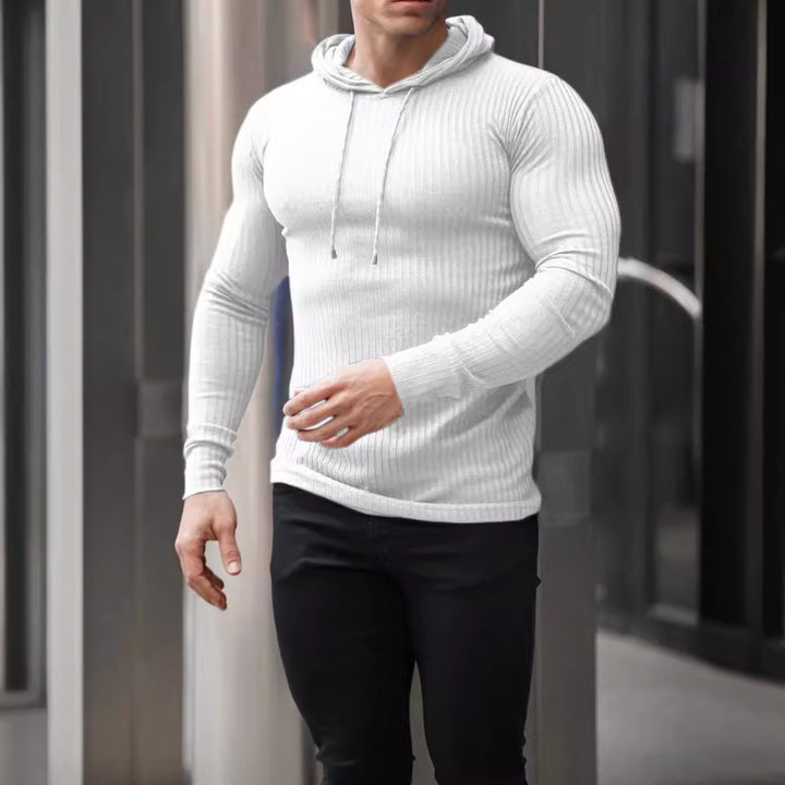Herren eng anliegendes Rippstrick-Kapuzenlongsleeve mit Slim-Fit und Elastikanteil – Cavarno