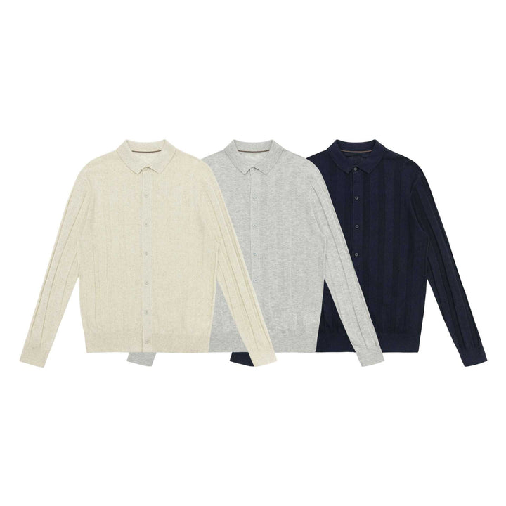 Unisex Feinstrukturierte Strick-Hemdjacke mit Polokragen und senkrechter Rippenstruktur Echoarchiv