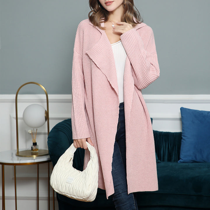 Damen langer offener Rippstrick-Cardigan mit weitem Schalkragen Echo Archiv