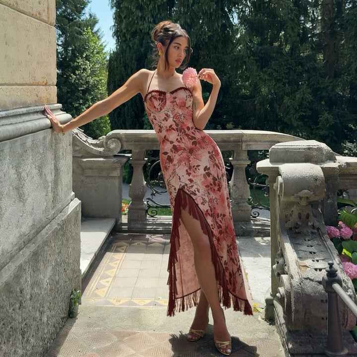 Damen asymmetrisches Floral-Maxikleid mit zartem Rüschensaum und verführerischem Schnitt Echo Archiv