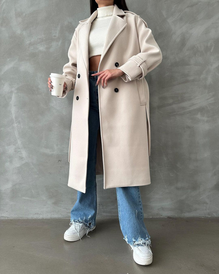 Damen Oversize Wollmix-Mantel mit doppelreihiger Knopfleiste und Taillengürtel Echoarchiv