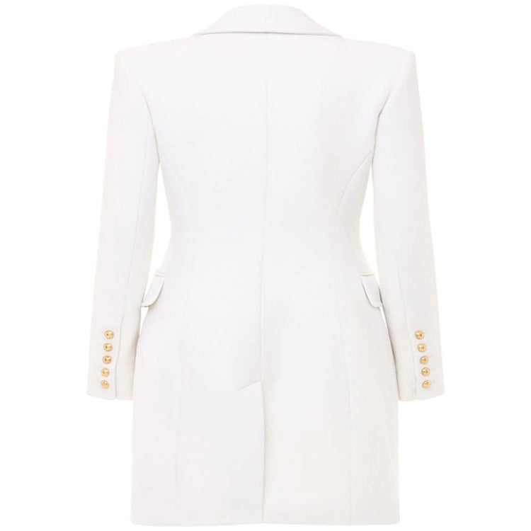 Damen Schmalgeschnittener Zweireihiger Wollmix-Longcoat mit markanter Schulter und goldenen Zierrundknöpfen Echoarchiv