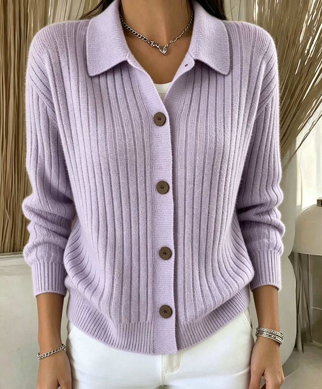 Damen Feiner gerippter Knopf‑Cardigan mit Hemdkragen und kastiger Silhouette – Veloura