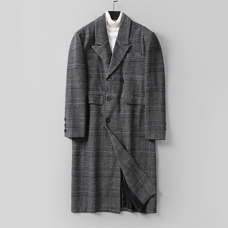 Herren Karierter Longcoat aus Wollmix mit klassischem Revers und geradem Schnitt Echoarchiv