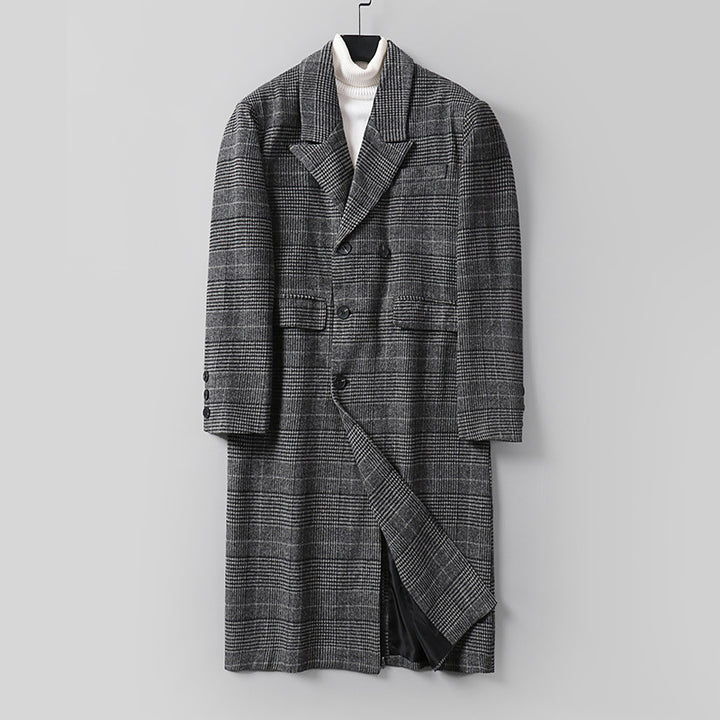 Herren Karierter Longcoat aus Wollmix mit klassischem Revers und geradem Schnitt Echoarchiv