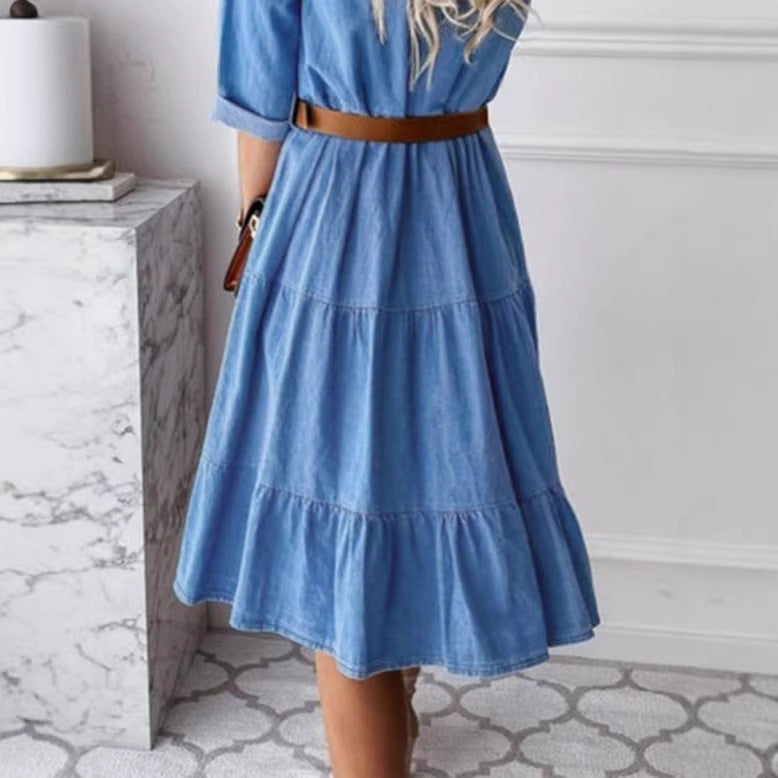Damen Langes Denim‑Kleid mit Stufenrock, Hemdkragen und taillenbetontem Gummizug Echo Archiv