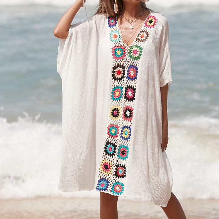 Damen Häkel-Strandtunika im lässigen Oversize-Stil mit bunten Applikationen Echo Archiv
