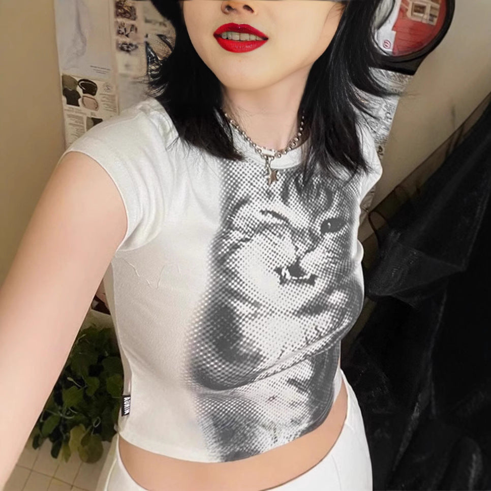 Damen Crop-T-Shirt mit kreativem Katzenmotiv Echo Archiv