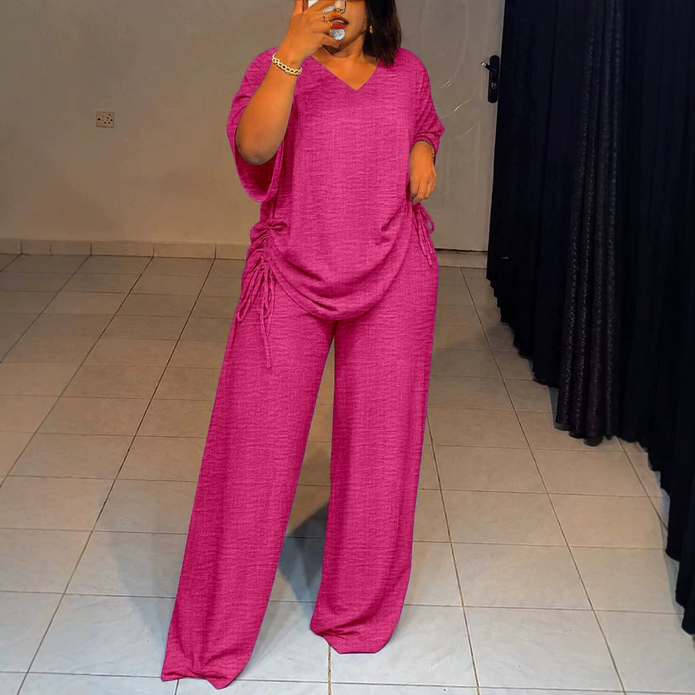 Damen Oversize-Lounge-Set mit V-Ausschnitt, seitlicher Raffung und weiter Palazzohose – Élanora