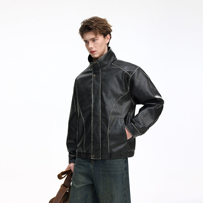 Herren Lederoptik-Blouson mit Stehkragen, Reißverschluss und Ziernähten Echo Archiv