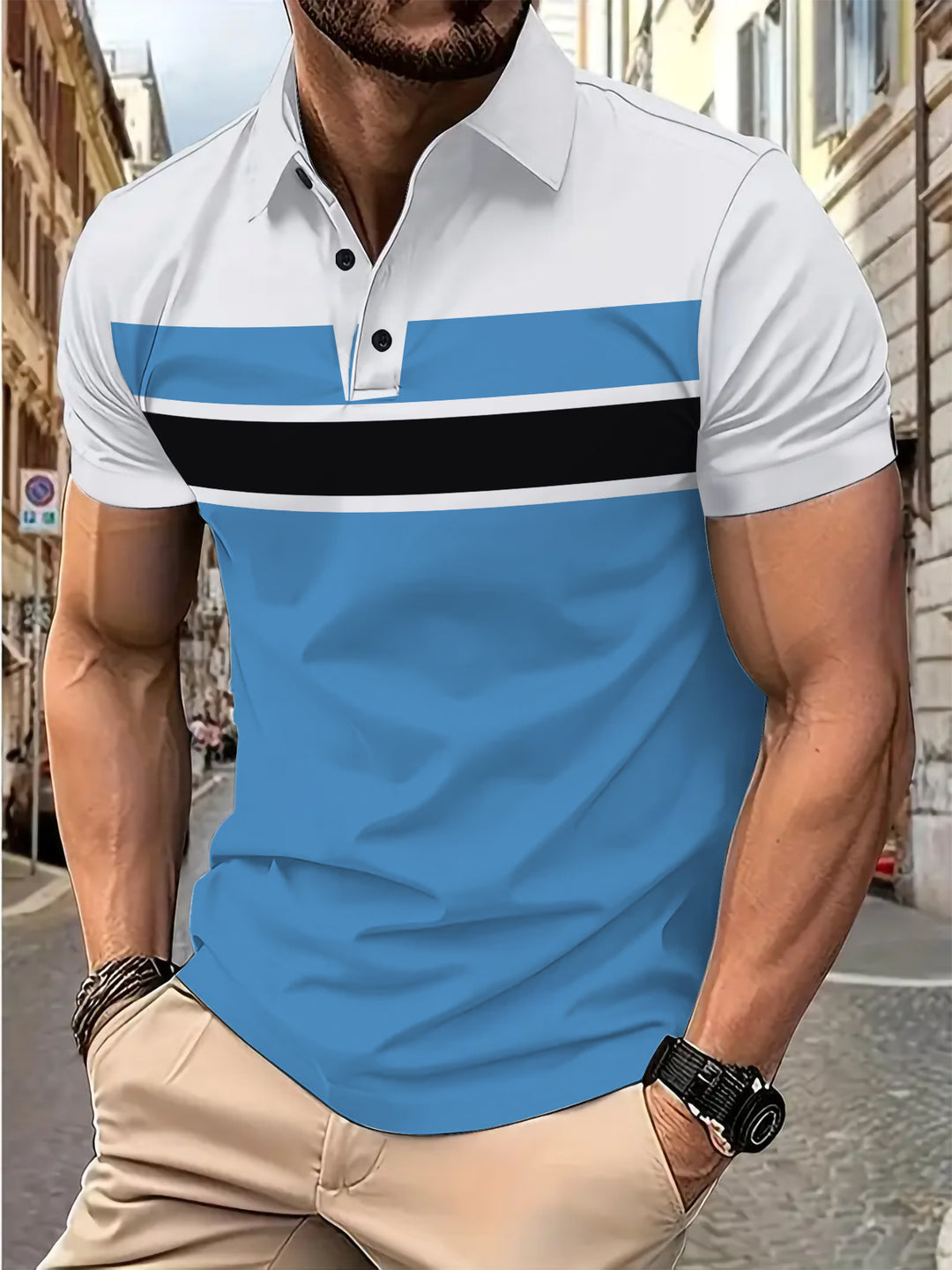 Herren Kurzarm Poloshirt mit modernem Streifenmuster Echoarchiv