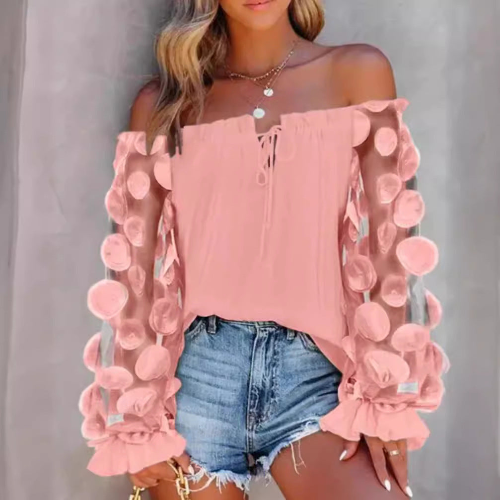 Damen nan schulterfreies Carmen-Top mit transparenten Organza-Ärmeln, kreisförmigen Applikationen und Volantmanschetten Echo Archiv