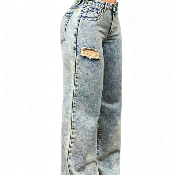 Damen High-Waist Relaxed-Jeans mit Steinwasch-Effekt und seitlichem aufgerissenem Einsatz Echo Archiv