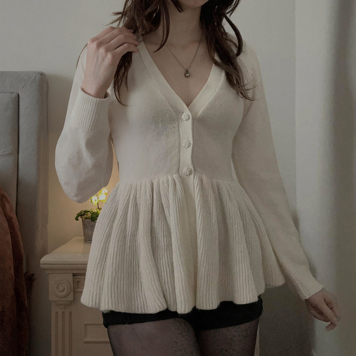 Damen nan geripptes Langarm-Top mit Empire-Taille, zierlicher Knopfleiste und Spitzenbesatz Echo Archiv