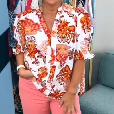 Damen nan lockere Bluse mit gerafften Puffärmeln und Knopfleiste Echo Archiv