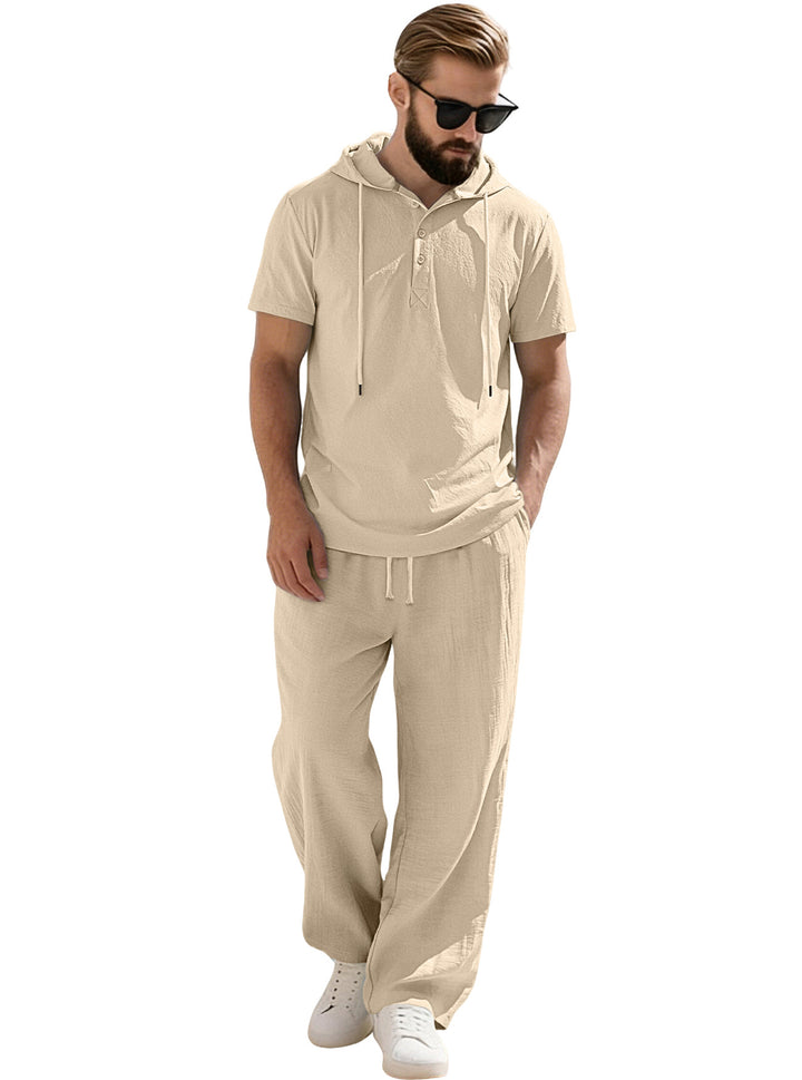 Herren nan lässiges Kurzarm-Kapuzenshirt im gekreppten Baumwollmix mit Henley-Knopfleiste Echo Archiv