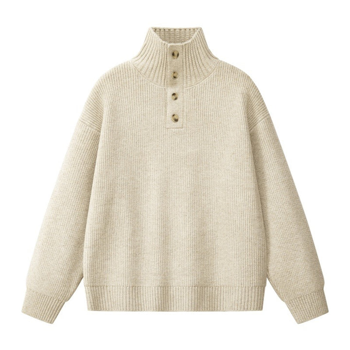 Damen Oversize Grobstrick-Pullover mit Knopfleiste am Stehkragen und Raglanärmeln Echoarchiv