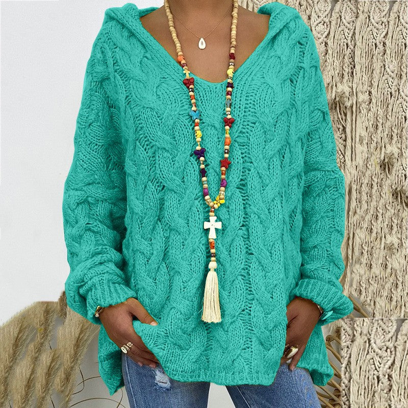Damen nan oversized Kapuzenpullover mit Zopfmuster, tiefem V-Ausschnitt und seitlichen Schlitzen Echo Archiv
