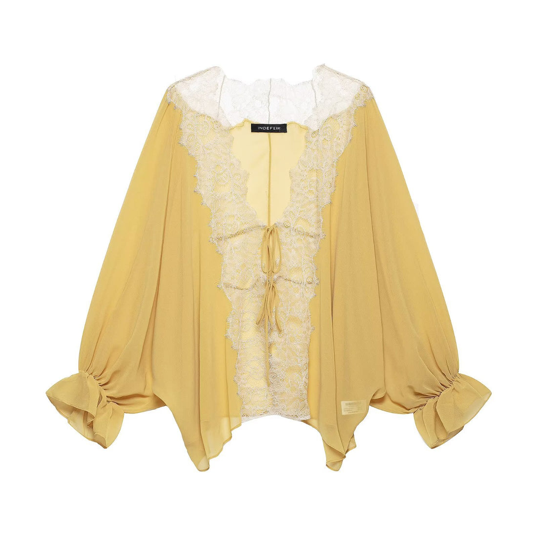 Damen Fließende Kimono‑Bluse mit Spitzenbesatz und Bindeband Echoarchiv