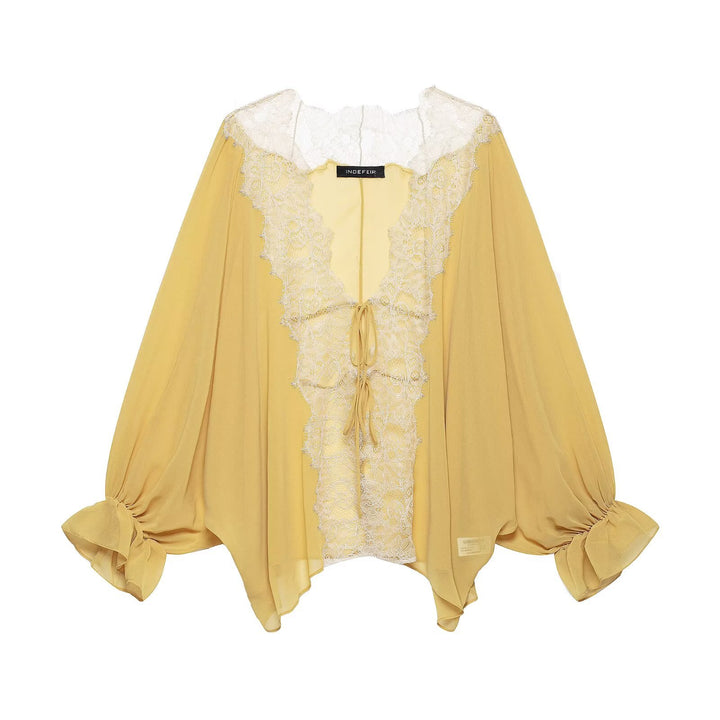 Damen Fließende Kimono‑Bluse mit Spitzenbesatz und Bindeband Echoarchiv