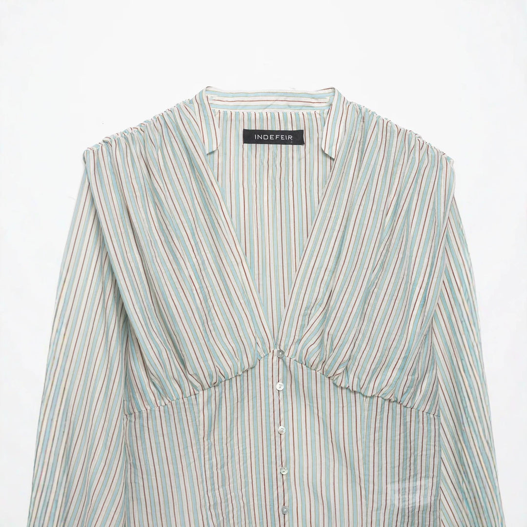 Damen Gestreifte Cropped-Bluse mit tiefem V-Ausschnitt und geraffter Unterbrustnaht Echo Archiv