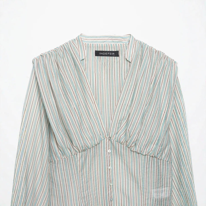 Damen Gestreifte Cropped-Bluse mit tiefem V-Ausschnitt und geraffter Unterbrustnaht Echo Archiv