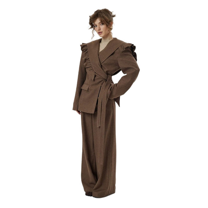 Damen Zweiteiliges Oversize-Blazer-und-Hose-Set mit Volant-Schulter und hoher Bundfalte Echoarchiv