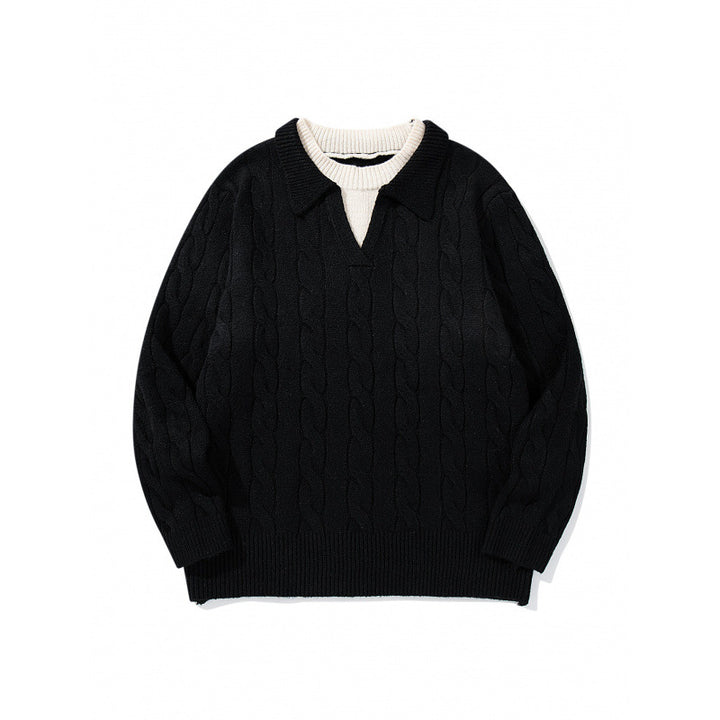 Herren Grobgestrickter Zopfmuster-Pullover mit Polokragen und V‑Ausschnitt Echo Archiv