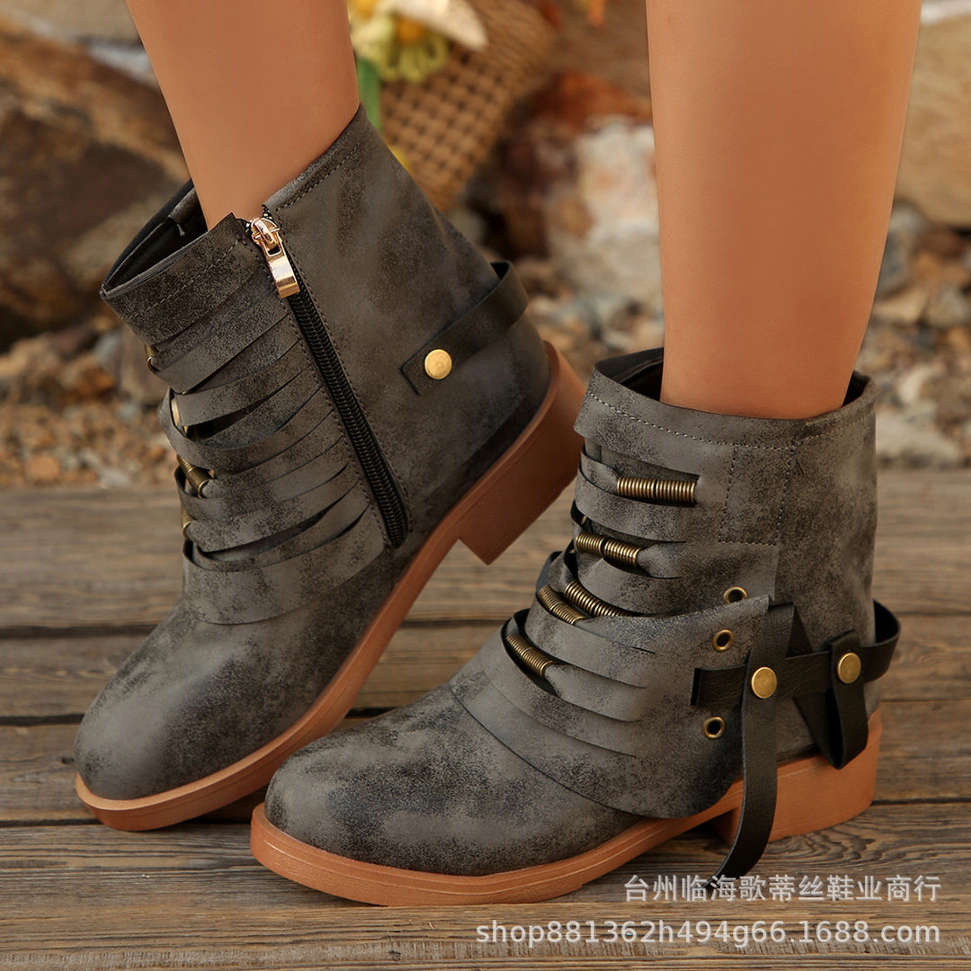 Damen Fransen-Ankle-Boots mit geschichteten Riemen und seitlichem Reißverschluss – Varelle