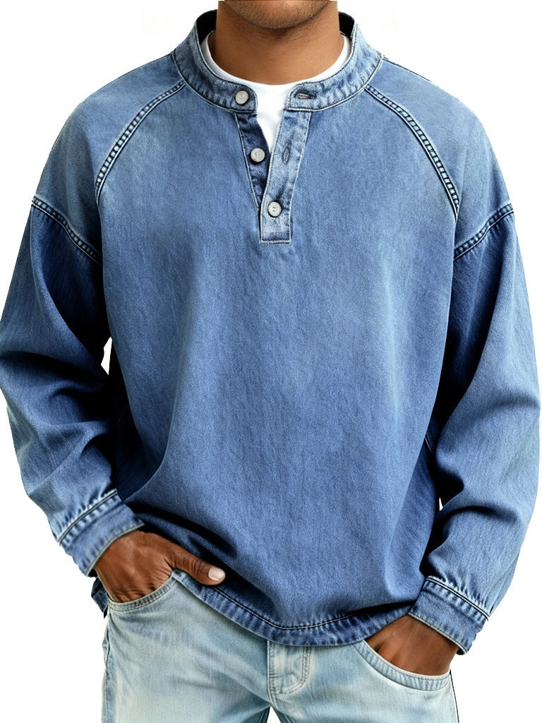 Herren verwaschenes Henley-Shirt mit Stehkragen, lockerer Passform und Knopfleiste – Marzano