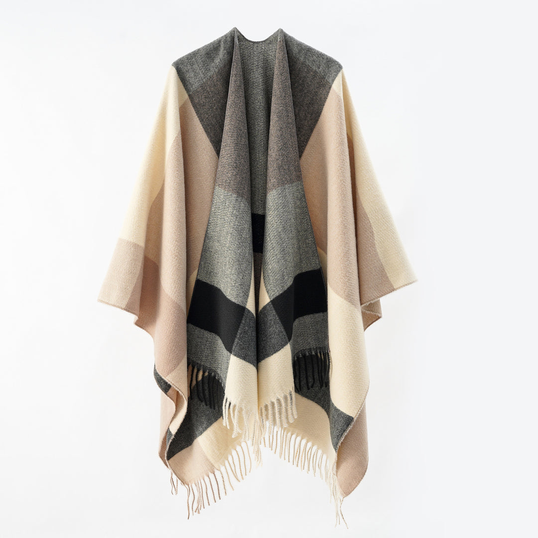 Damen Multifunktionaler Wollmix-Poncho im Cape‑Stil mit geometrischem Muster – Avérine