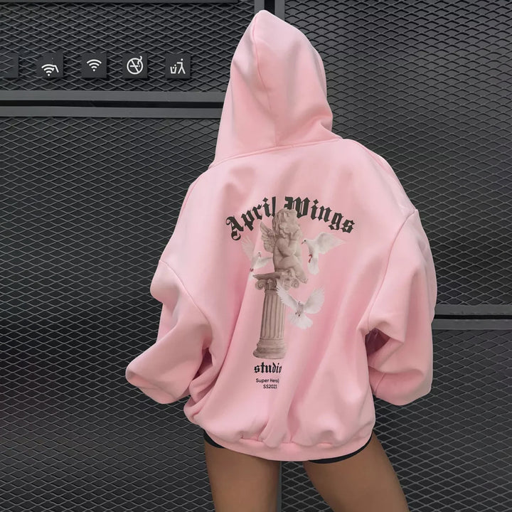 Damen oversized Kapuzenpullover mit Engels-Print und kunstvollem Rückendruck – Auréline